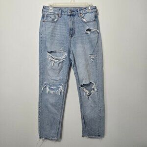 American Eagle Womens Mom Jeans Sz 4 Distressed High Rise Blue Light Wash Denim